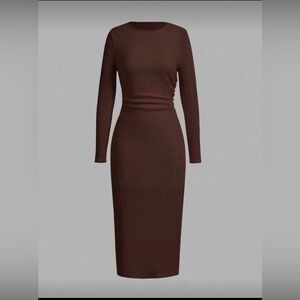 SHEIN Brown Ribbed Long Sleeve Midi Dress